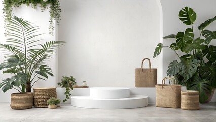 Product display round podium with nature leaves on white background 
