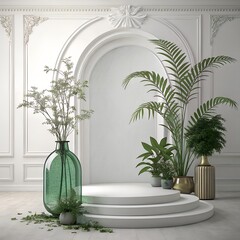 Product display round podium with nature leaves on white background 