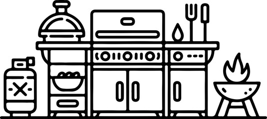 Stylized black and white line art illustration of a backyard barbecue grill setup with propane tank and utensils for outdoor cooking and entertaining