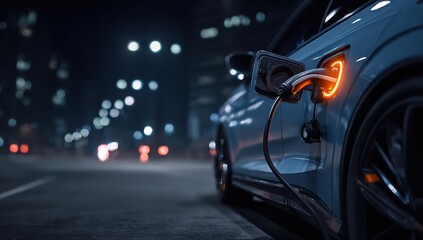 Fototapeta premium Electric car charging at night with city lights in the background