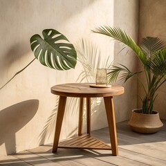 Wooden round side table with green tropical plant leaf and beautiful sun light 