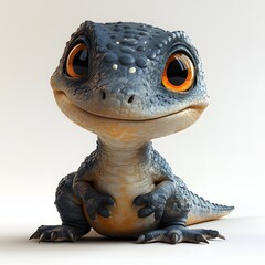 A charming baby dinosaur with big, orange eyes sits on a white surface. Its blue-grey skin and round scales make it an adorable prehistoric creature. Baby dinosaur isolated on a white background.