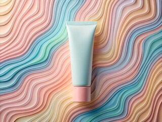 A light blue cream tube with a pink cap rests on a pastel wavy background of pink, blue, and peach