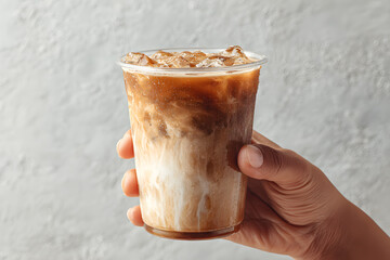 hand holding glass of iced coffee latte, milk and coffee layer visible against a plain background.	