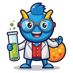 Blue cartoon creature scientist character holding test tube and a planet