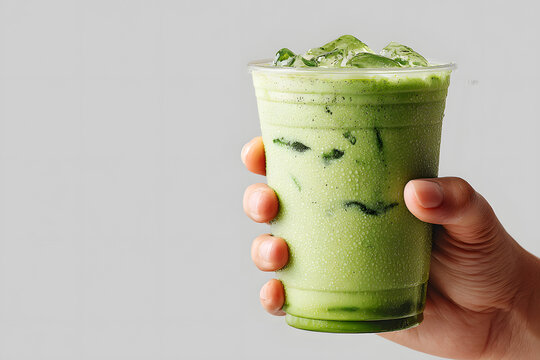 hand holding glass of iced matcha latte against a plain background. Japanese green tea beverage for a cafe menu