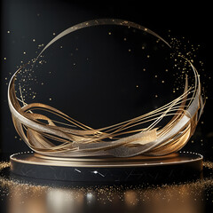 Elegant black (round)  podium background with flowing light golden lines 