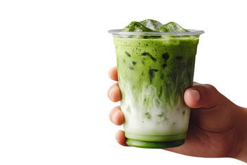  hand holding glass of iced matcha latte against a plain background. Japanese green tea beverage. isolated on transparent background with clipping path. For food menu design