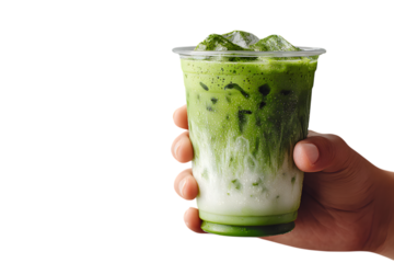  hand holding glass of iced matcha latte against a plain background. Japanese green tea beverage. isolated on transparent background with clipping path. For food menu design
