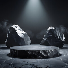 Empty black rock round podium for product presentation