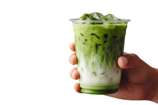  hand holding glass of iced matcha latte against a plain background. Japanese green tea beverage. isolated on transparent background with clipping path. For food menu design