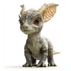 A charming baby dragon, or perhaps a dinosaur hatchling, with big brown eyes and detailed scales, sits curiously. Its fan-like ears perk up, all against a clean, white backdrop. 