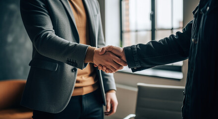 Partnership, teamwork and shaking hands for agreement, consulting or introduction in meeting