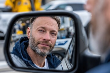 A smiling man is reflected in a car's side mirror, creating an intimate portrait that highlights his approachable personality against a softly blurred background.