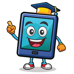A cartoon smartphone character wearing a graduation cap, pointing, and smiling