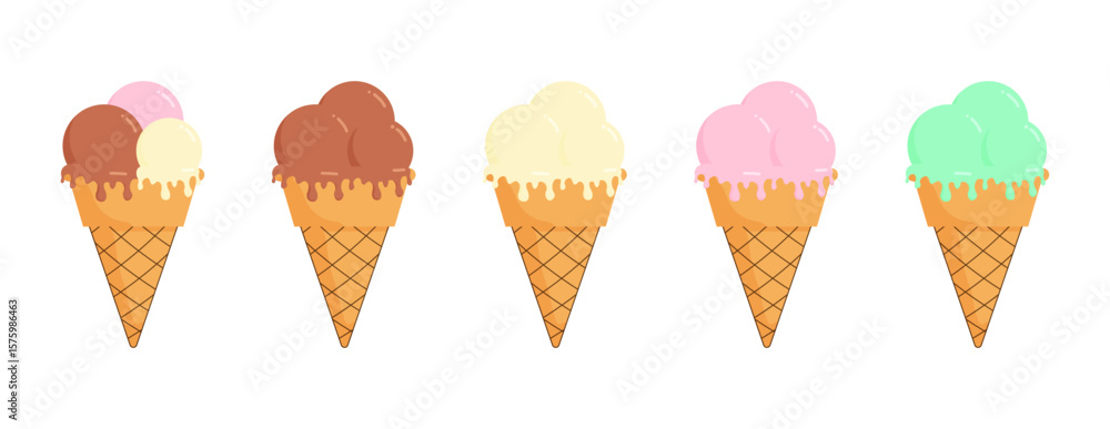 Poster ice cream collection features five colorful scoops in waffle cones with playful drips and cheerful p