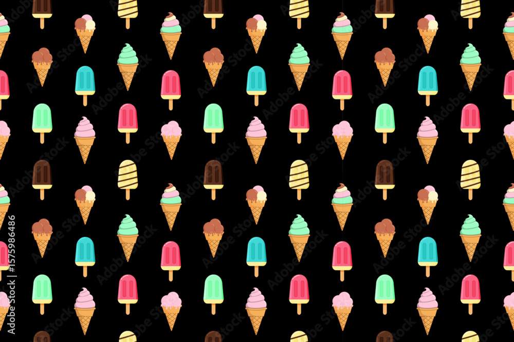 Poster ice cream seamless pattern features colorful popsicles and cones on black background creating playfu