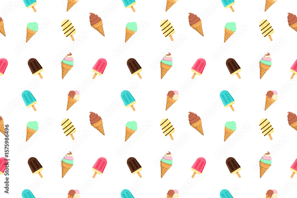 Poster ice cream seamless pattern with colorful popsicle and cone dessert on white background playful and c