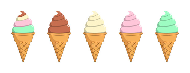Ice cream collection features five colorful cones with pastel swirls in playful and cheerful arrangement