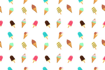 Ice cream seamless pattern with colorful popsicle and cone dessert on white background playful and cheerful design