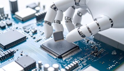 Fototapeta premium White robotic hand aligning microchip on motherboard in clean white setting, top-down view with minimalistic design and soft shadows.
