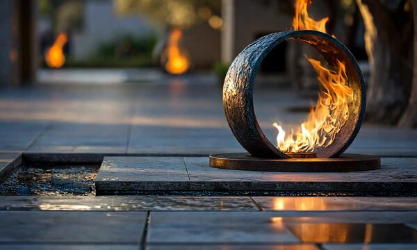 A circular fire sculpture burns brightly, creating a warm glow. Set on stone with other flames in the blurry background