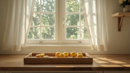  Modern White Kitchen with Natural Morning Sunlight and Vibrant Lemons on Marble Island