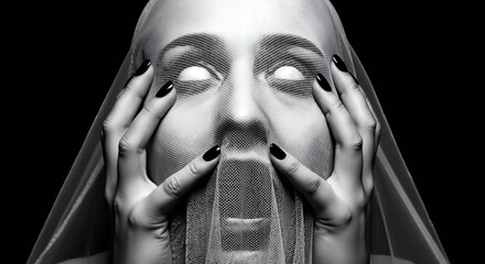 Veiled subject emits silent scream, hollow eyes staring through mesh as hands grasp face in stark monochrome
