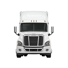 White cargo truck freightliner isolated on a transparent background, concept of trucking, supply chain, transit, moving, shipping, delivery, mailing, post services, front side view