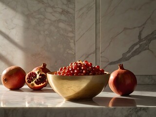 Modern Minimalist Kitchen with Golden Sunlight and Split Pomegranates on Marble Island 