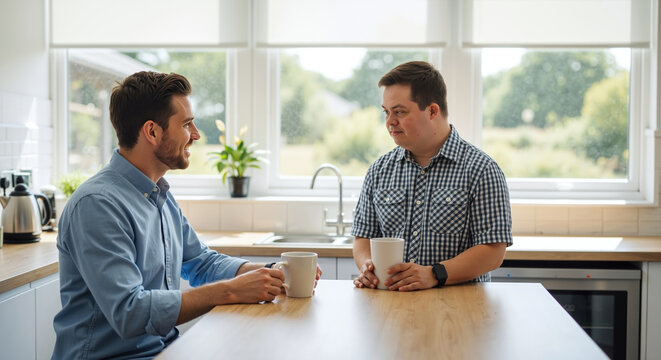 Two men having friendly conversation kitchen table coffee cups bright natural lighting. Casual meeting discussing ideas home setting. Social interaction concept banner