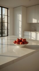 Modern Minimalist Kitchen with Golden Sunlight and Split Pomegranates on Marble Island 
