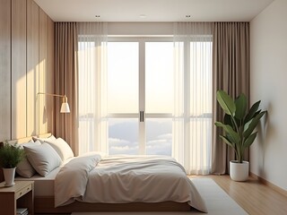 Minimalist Modern Bedroom with Neutral Tones, Sheer Curtains, and Soft Evening Light