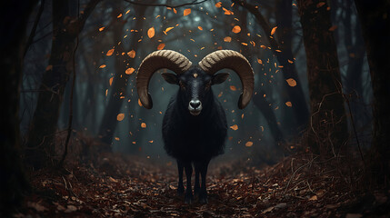 A fantasy-style black ram with spiraling horns stands in a dark, enchanted forest, surrounded by golden leaves and soft orange and brown tones, creating a powerful presence.