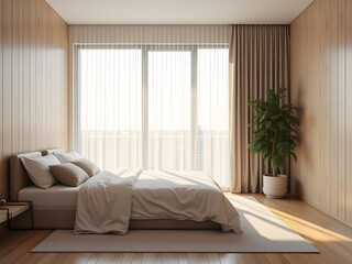 Minimalist Modern Bedroom with Neutral Tones, Sheer Curtains, and Soft Evening Light
