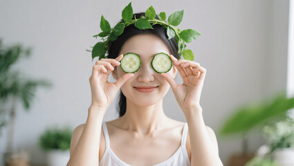 young woman holding cucumber
