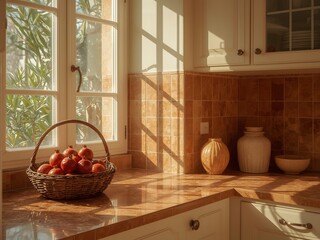 Mediterranean Kitchen with Terracotta Tiles and Pomegranates in Woven Basket by Sunlit Windowsill