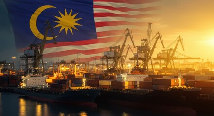 Malaysia's Thriving Port: A Sunset Panorama of International Trade and Maritime Activity