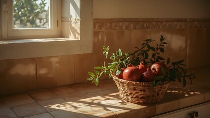 Mediterranean Kitchen with Terracotta Tiles and Pomegranates in Woven Basket by Sunlit Windowsill