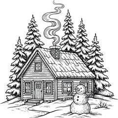 Obraz premium Black and white illustration of a log cabin in a snowy forest with a snowman winter