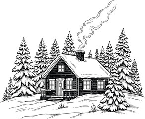 Black and white illustration of a snow covered cabin with smoke coming from the chimney surrounded by pine trees