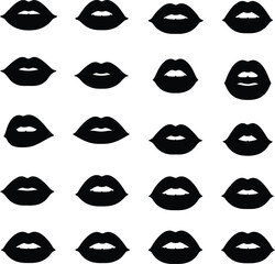 Expressive Collection of Black Lips Silhouettes – Versatile Vector Set for Beauty, Fashion, Communication, and Pop Art Designs, Isolated on White Background.