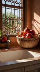 Mediterranean Kitchen with Terracotta Tiles and Pomegranates in Woven Basket by Sunlit Windowsill
