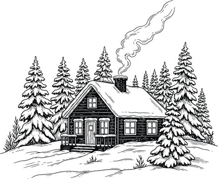 Black and white illustration of a snow covered cabin with smoke coming from the chimney surrounded by pine trees