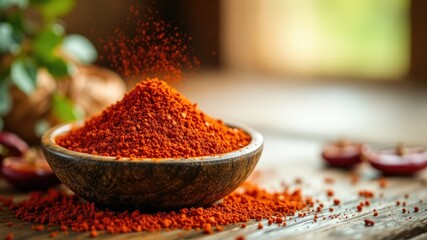 Wooden Bowl Filled with Red Chilli Powder, Indian Cuisine