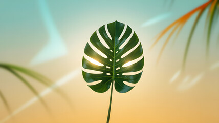 Tropical monstera leaf with sunlight and summer background