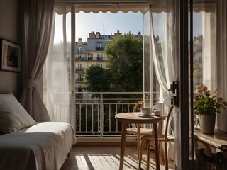 Cozy Parisian Apartment View with Coffee Cup on French Balcony and Flowing Sheer Curtains (