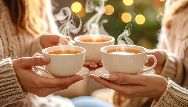 Three women sharing steaming tea cups