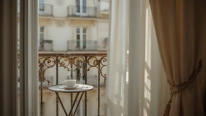 Cozy Parisian Apartment View with Coffee Cup on French Balcony and Flowing Sheer Curtains (