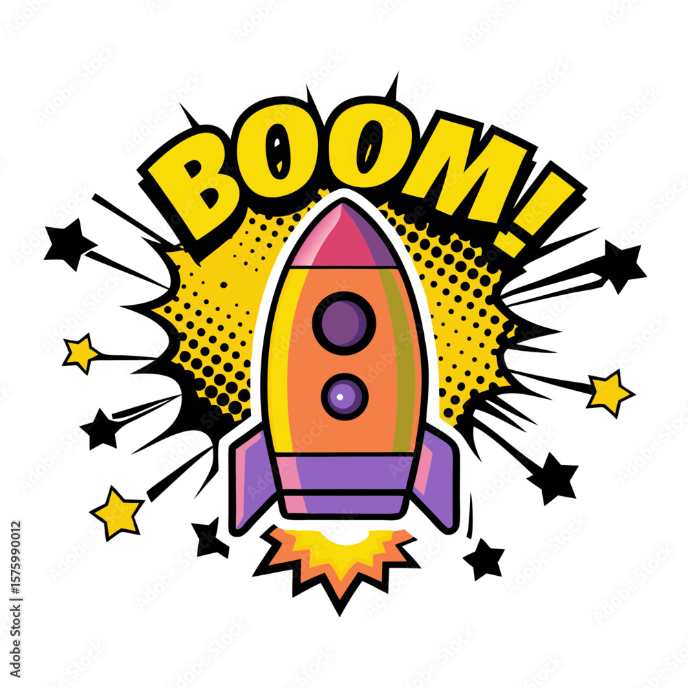 Poster colorful rocket launching with explosion graphic in pop art style, isolated vector image on a transp